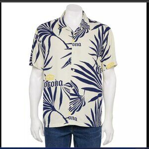 Corona Beer Logo Short Sleeve Button Down Collar Shirt  Palm Tree Blue White